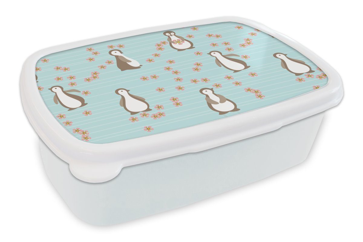 MuchoWow Lunchbox Blumen Brotbox Jungs (2-tlg), und für - Brotdose, Kunststoff, Erwachsene, Kinder Mädchen Gestaltung und weiß Pinguin, - für