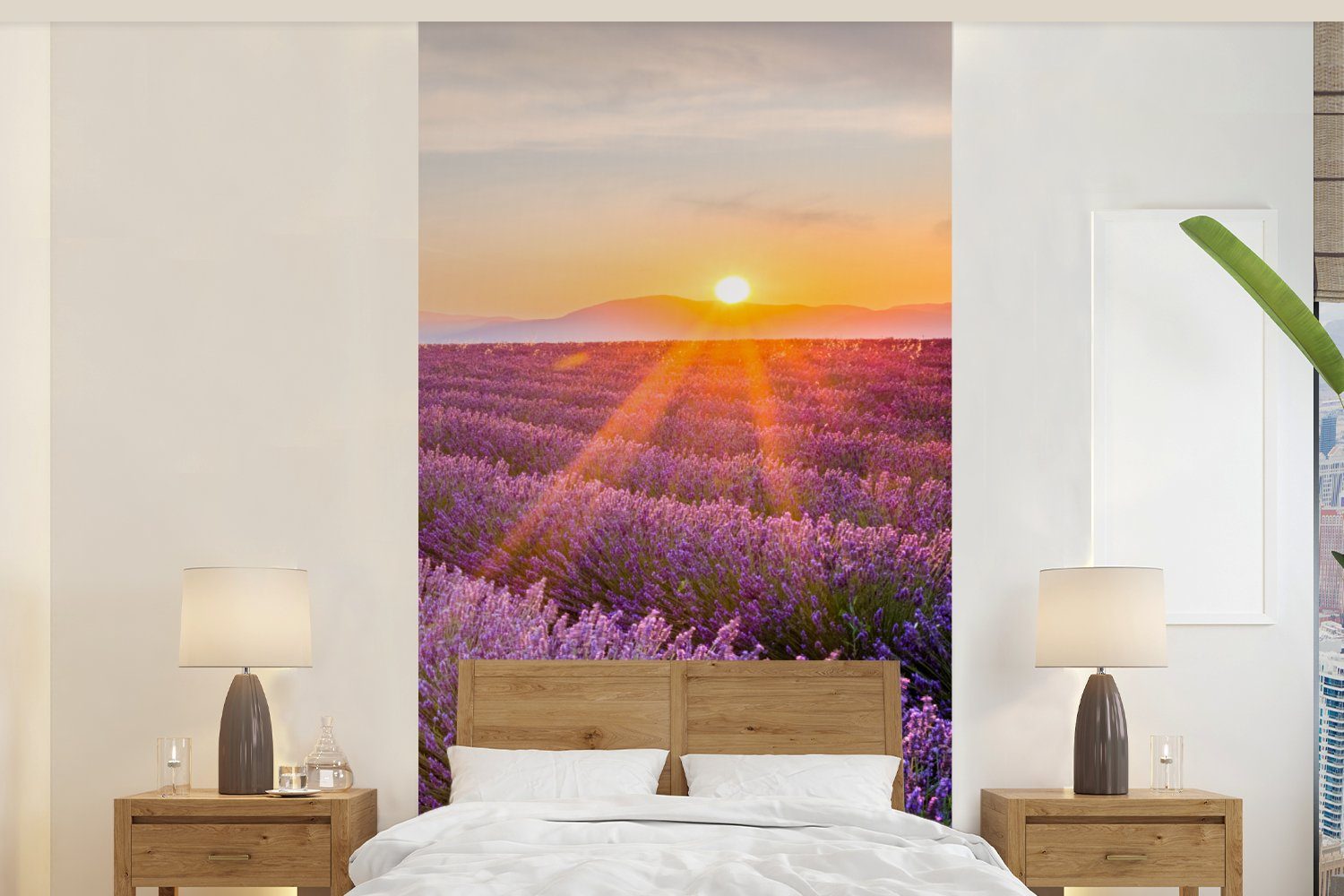 MuchoWow Fototapete Lavendel - Sonnenuntergang - Blumen - Lila, Matt, bedruckt, (2 St), Vliestapete für Wohnzimmer Schlafzimmer Küche, Fototapete