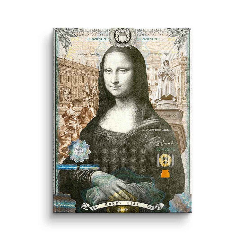 DOTCOMCANVAS® Leinwandbild, Mona silberner Rahmen Pop Art Lisa Lisa Porträt Leinwandbild Money