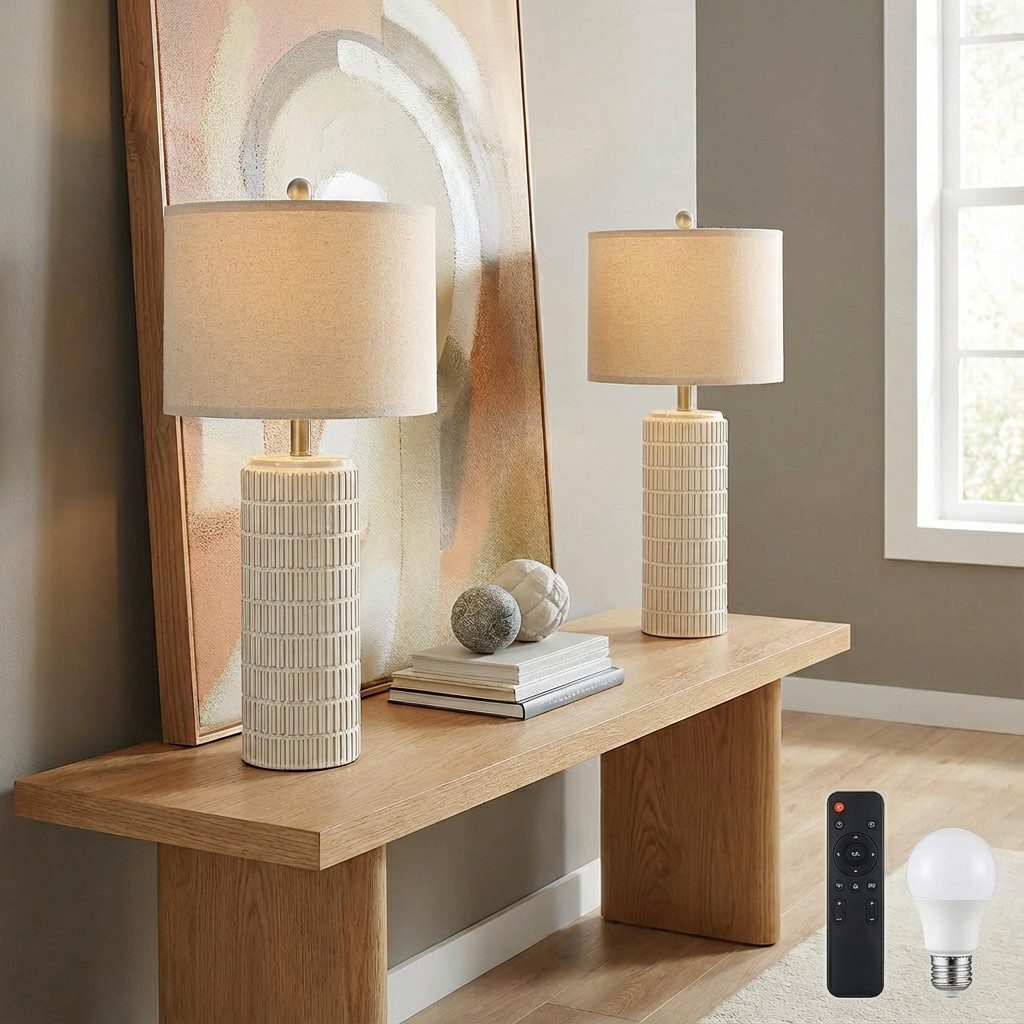 Schreibtischlampe Dimmable Leinenlampenschirm Keramiktischlampe mit Fernbedienung