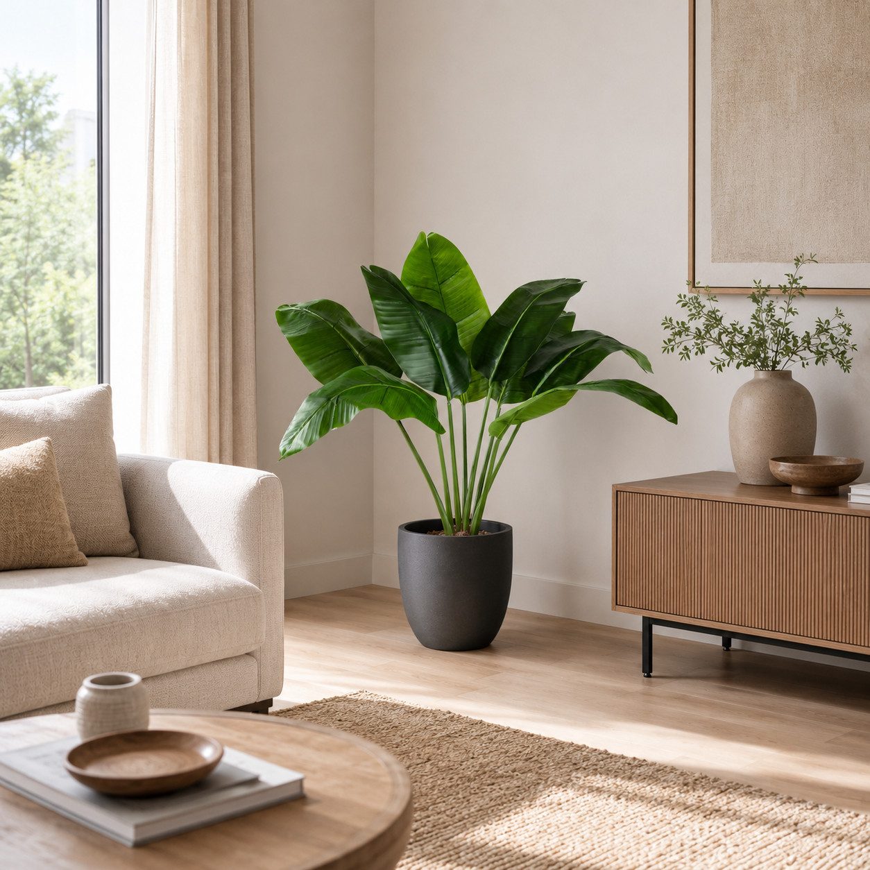 Kunstpalme Künstlicher Bananenbaum mit Topf, Kunstpflanze, Kunstbaum Banane Bananenbaum, PASCH – Bild 3 von 5