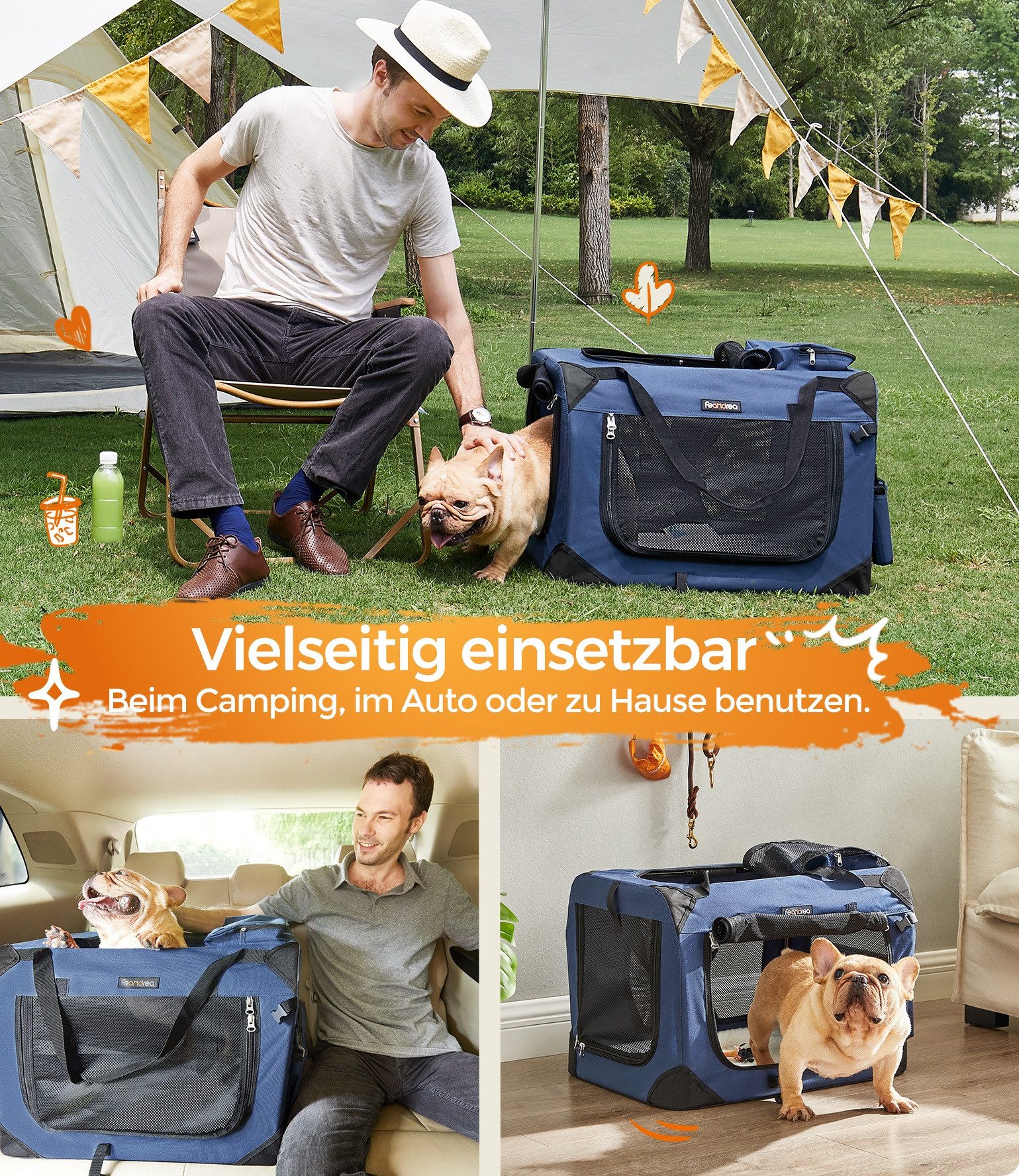 FEANDREA Tiertransporttasche Hundebox faltbar, Transportbox Hund, Hundetasche, mit Griffen, Taschen, M, Oxford-Gewebe, atmungsaktiv tragbar transportabel, 60 x 42 x 42 cm