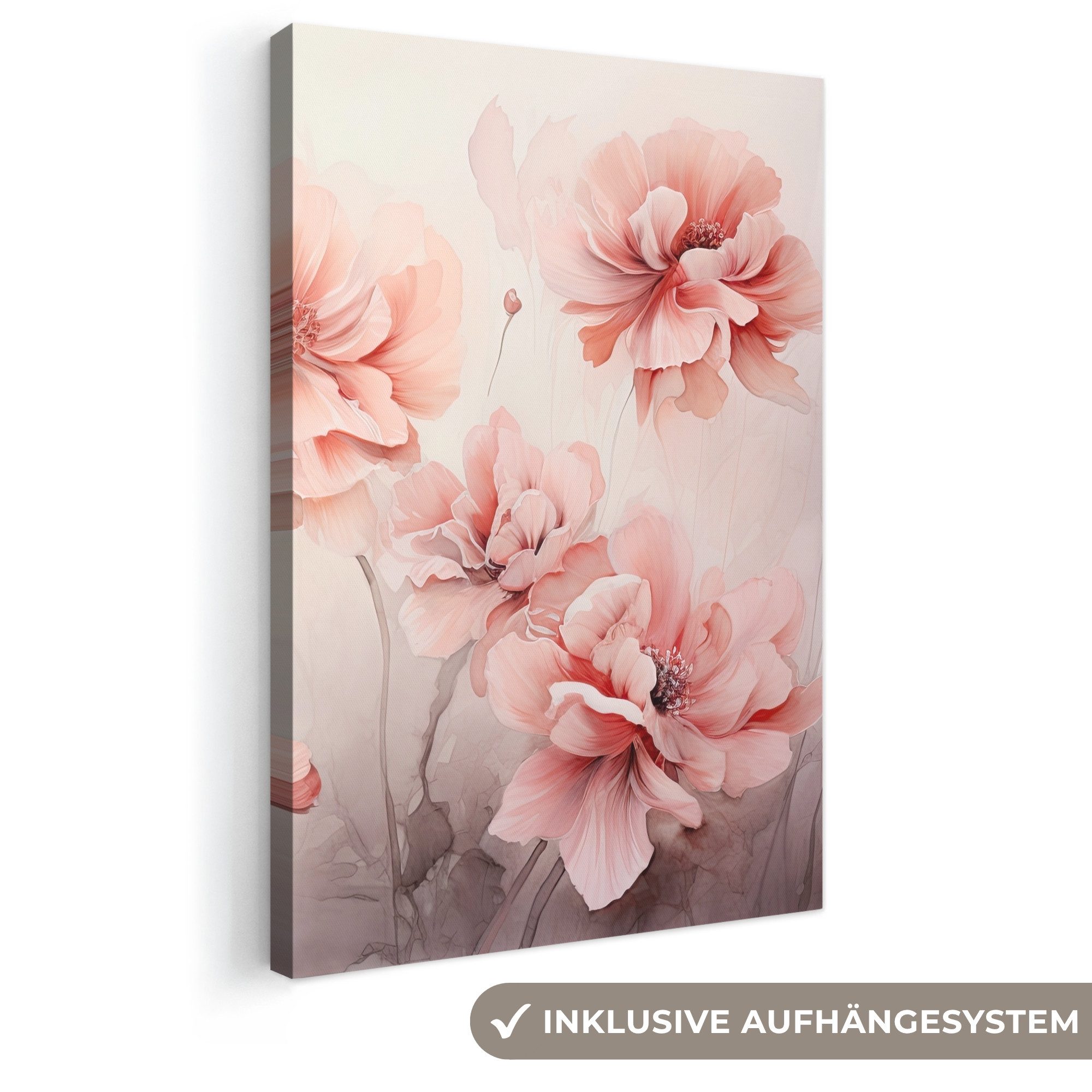 OneMillionCanvasses® Leinwandbild Blumen - Rosa - Kunst - Abstrakt - Aquarell, Fotodruck (1 St), Leinwand Canvas Wandbild, Wanddekoration 20x30 cm