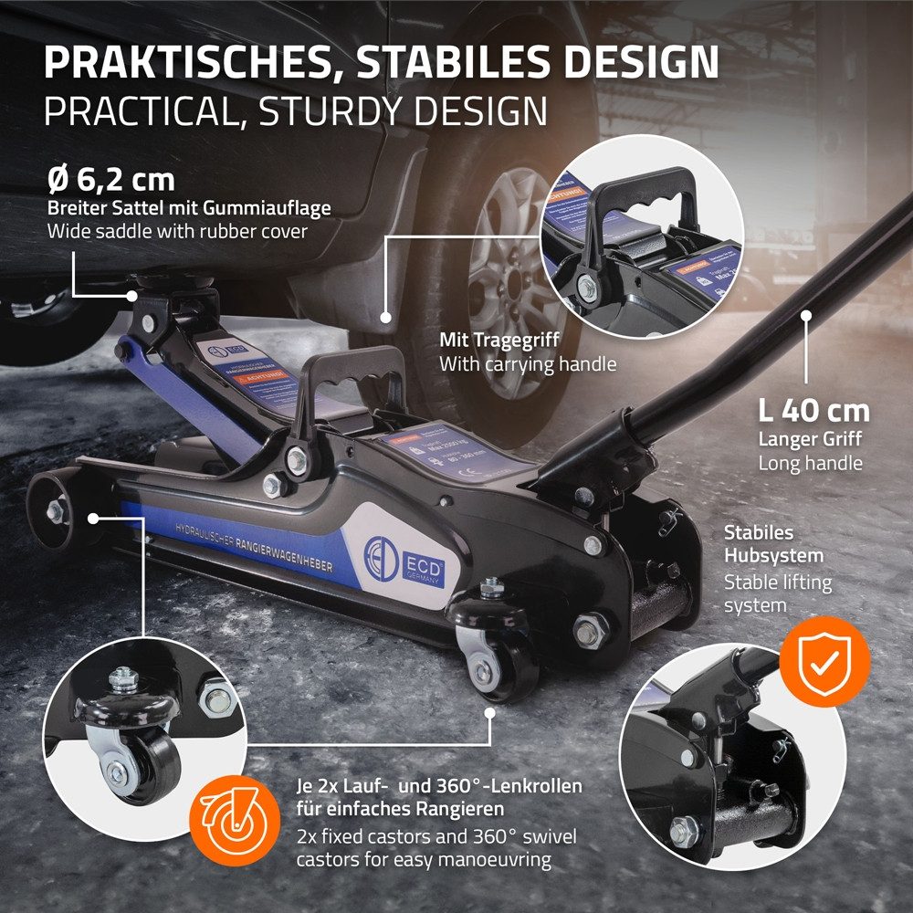 ECD Germany Unterstellbock Autoheber mit 2 Gummiauflagen PKW Rangierwagenheber für Haus Werkstatt, 2500 kg max. Belastbarkeit, (1-St), Wagenheber hydraulisch 360° rollen Flache Hubhöhe 80-360mm SUV-Adapter