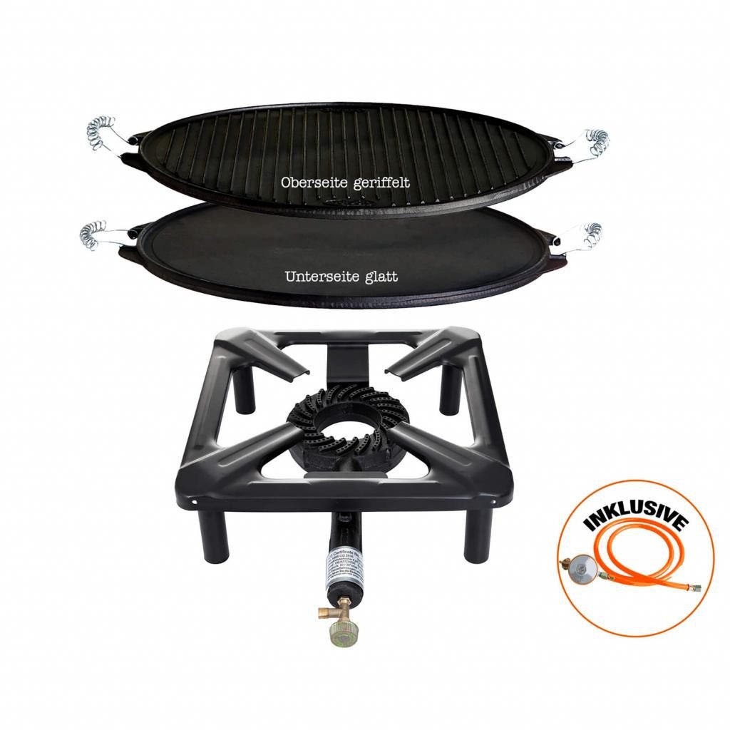 Paella World International Gasgrill Hockerkocher (klein) ohne Zündsicherung, Abmessung 30 x 30 x 14 cm inkl. Gasschlauch & Regler im Set mit wählbaren Zubehör