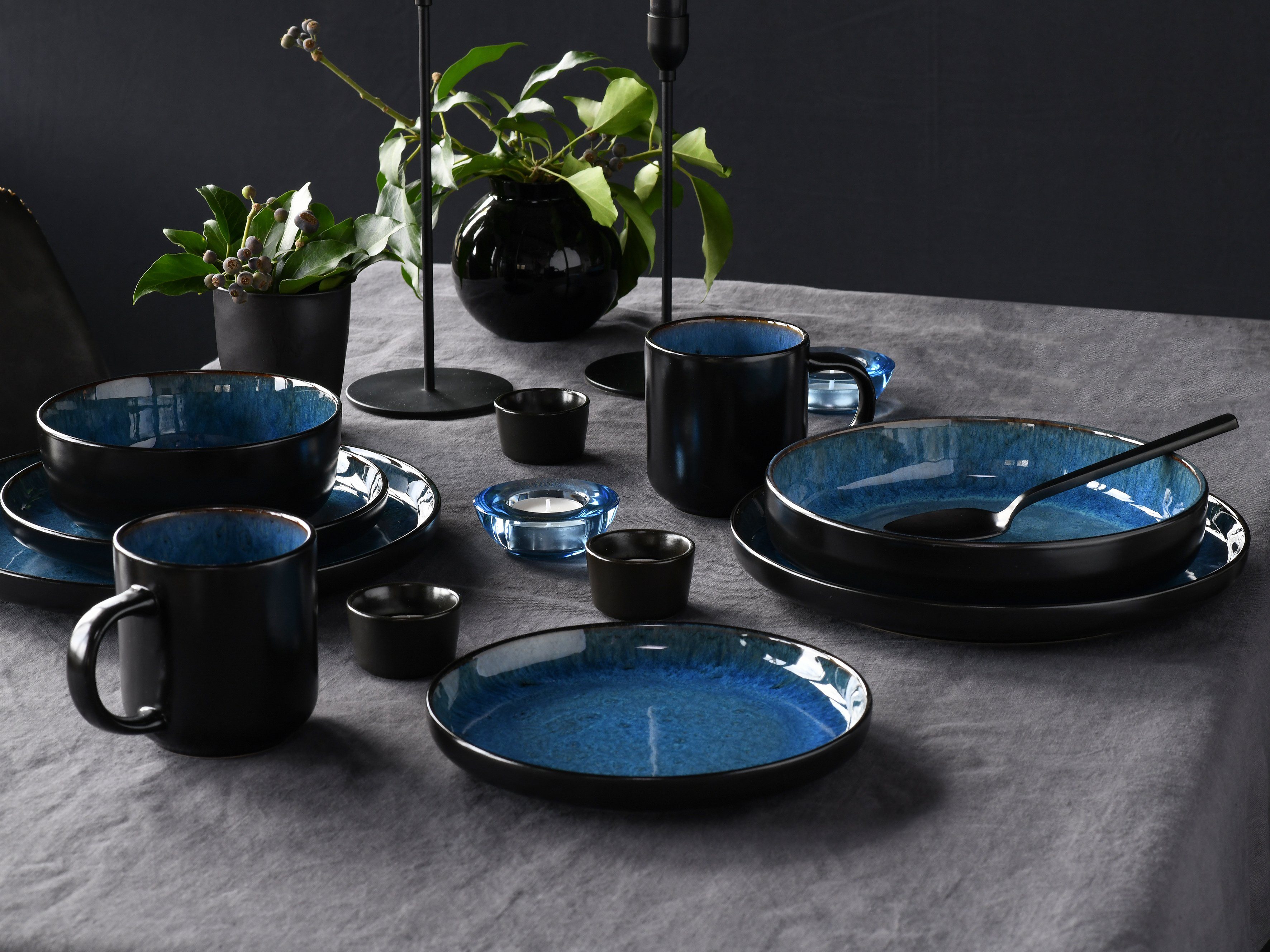 CreaTable Kombiservice Nordic Fjord (10-tlg), 2 Personen, Steinzeug, je 2 Speiseteller, Suppenteller, Dessertteller, Schalen, Kaffeebecher