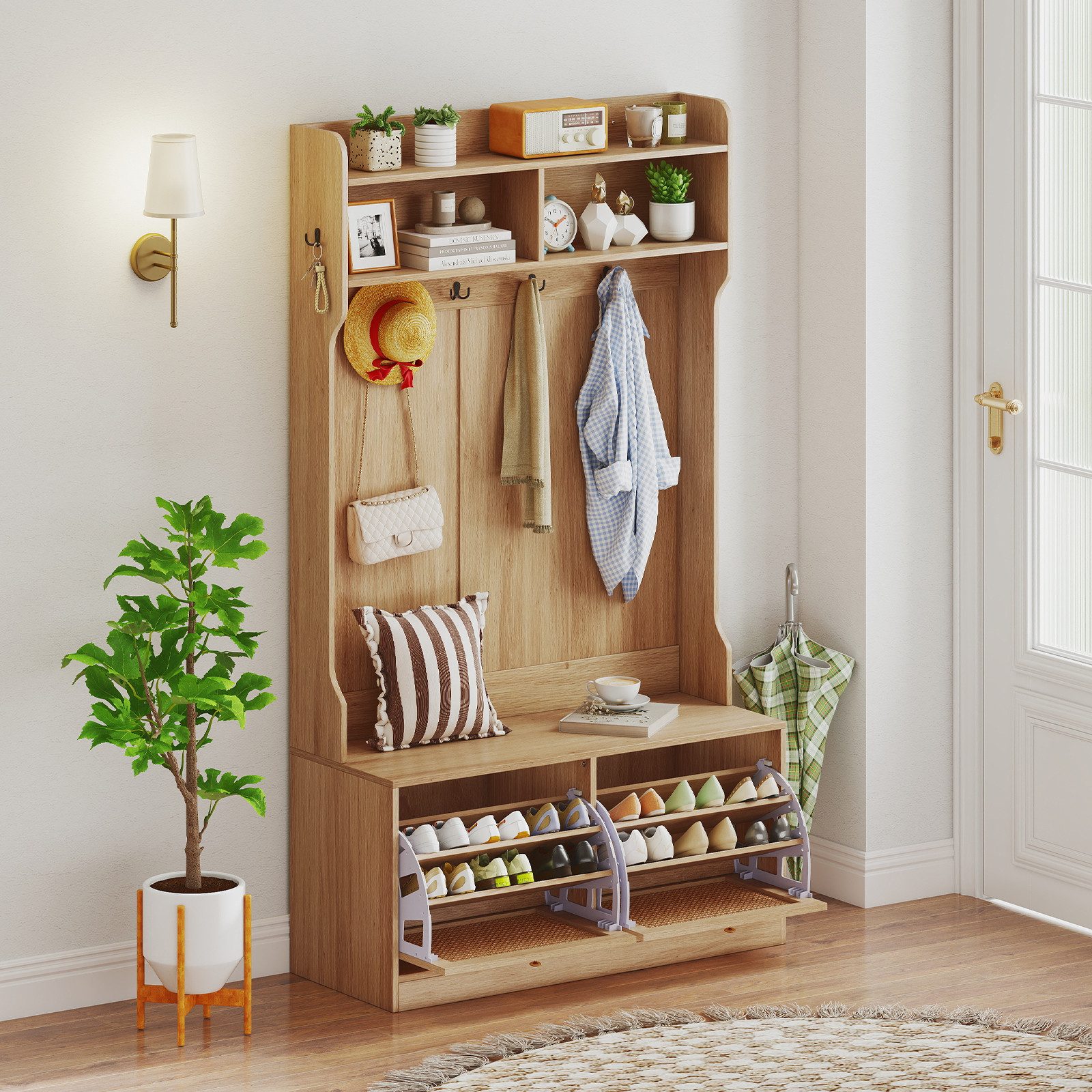 COSTWAY Kleiderständer, Holz, mit Schuhbank, Klappschubladen, Garderobe Natur
