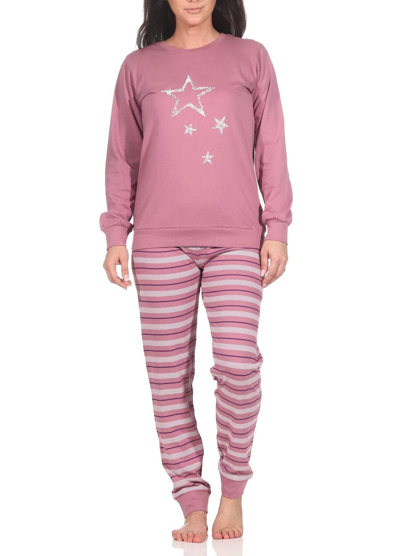 Pyjama Normann Damen langarm Schlafanzug Pyjama mit Bündchen in Sterne Optik
