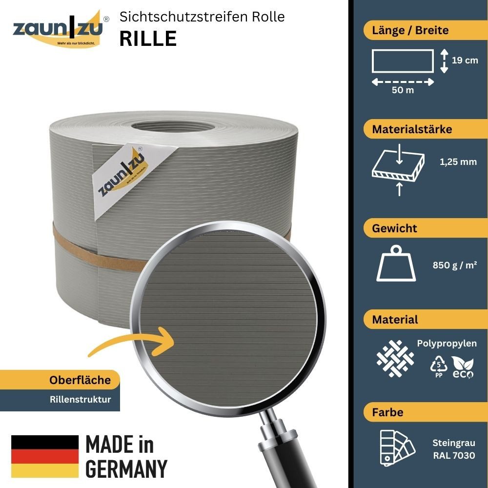 Thumbnail - zaunzu Sichtschutzstreifen Rille PP für Doppelstabmatte Zaunblende Steingrau 50m, (1 Rolle, gerillte Optik, UV-beständig...