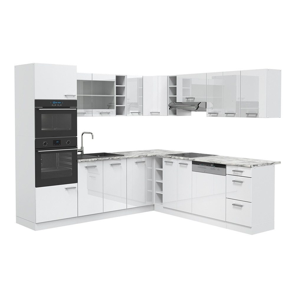 Vicco Winkelküche R-Line, Weiß Hochglanz/Weiß, 247 x 237 cm ohne Arbeitsplatte