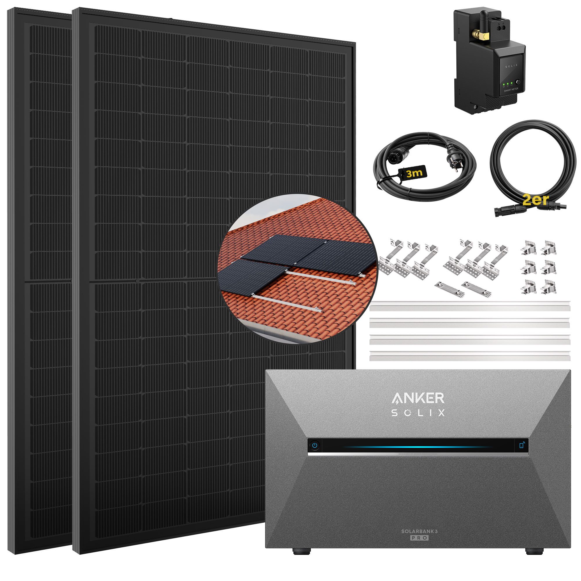 SolarMars Solaranlage 1000W Balkonkraftwerk mit Speicher Anker Solix Solarbank 3 E2700 Pro, (mit optionaler BP2700 Erweiterungsakku), mit intelligenter KI zur dynamischen Überwachung des Stromverbrauchs