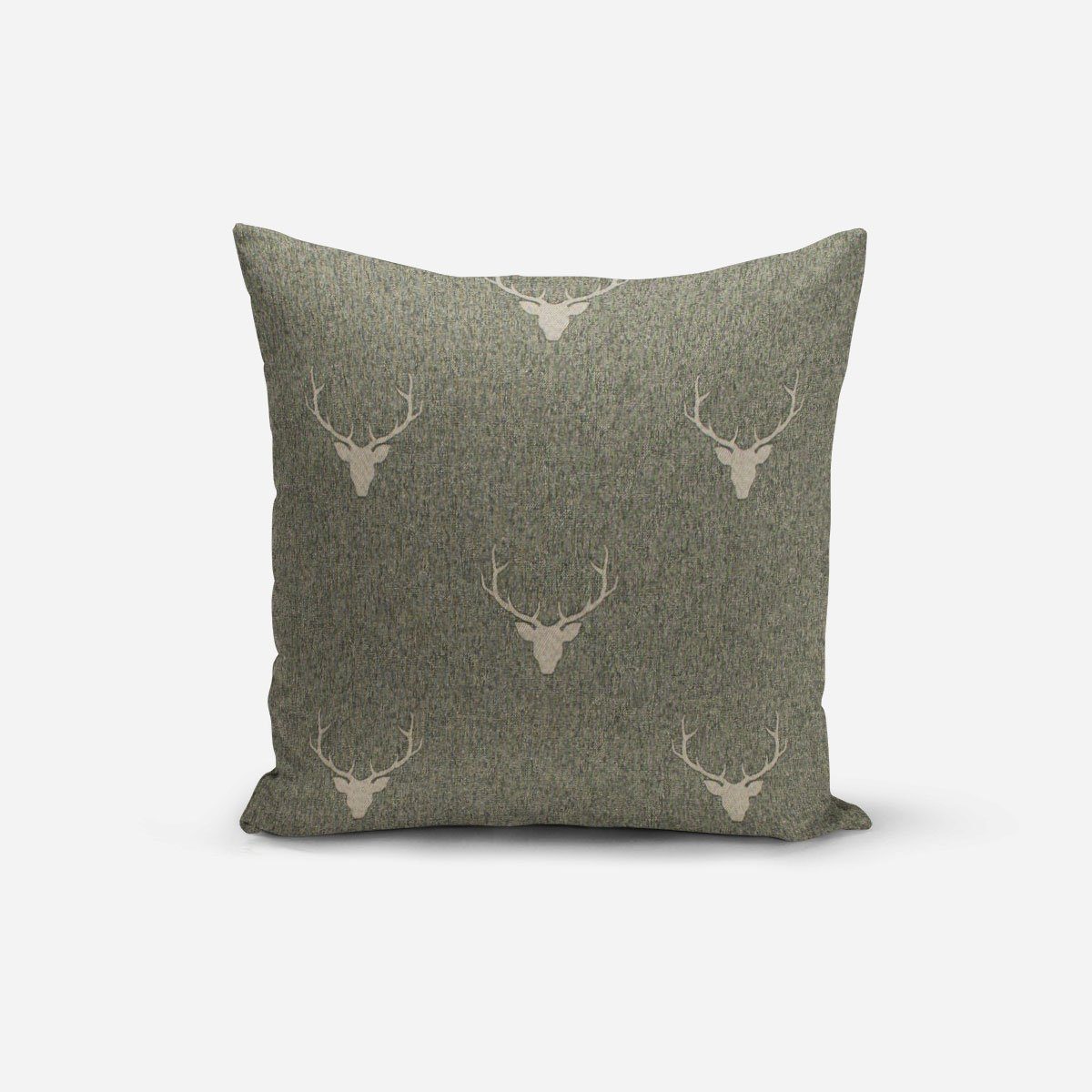SCHÖNER LEBEN. Dekokissen Kissenhülle Jacquard Hirschkopf Geweih grün beige von SCHÖNER LEBEN.