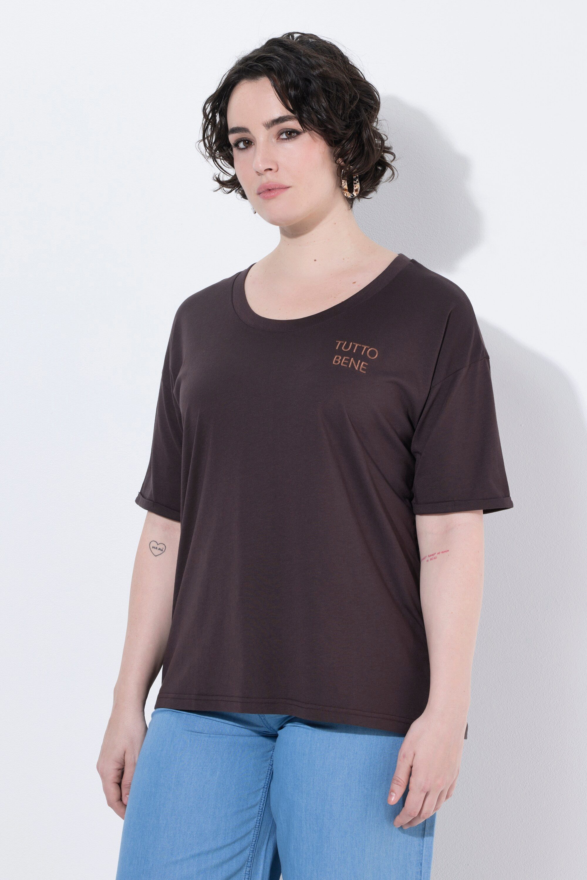 Ulla Popken T-Shirt T-Shirt Stickerei Oversized Rundhals Halbarm