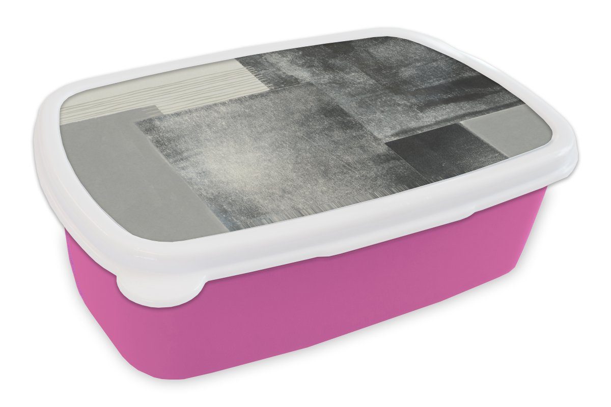 MuchoWow Lunchbox Abstrakt - Grau - Schwarz - Würfel, Kunststoff, (2-tlg), Brotbox für Erwachsene, Brotdose Kinder, Snackbox, Mädchen, Kunststoff rosa