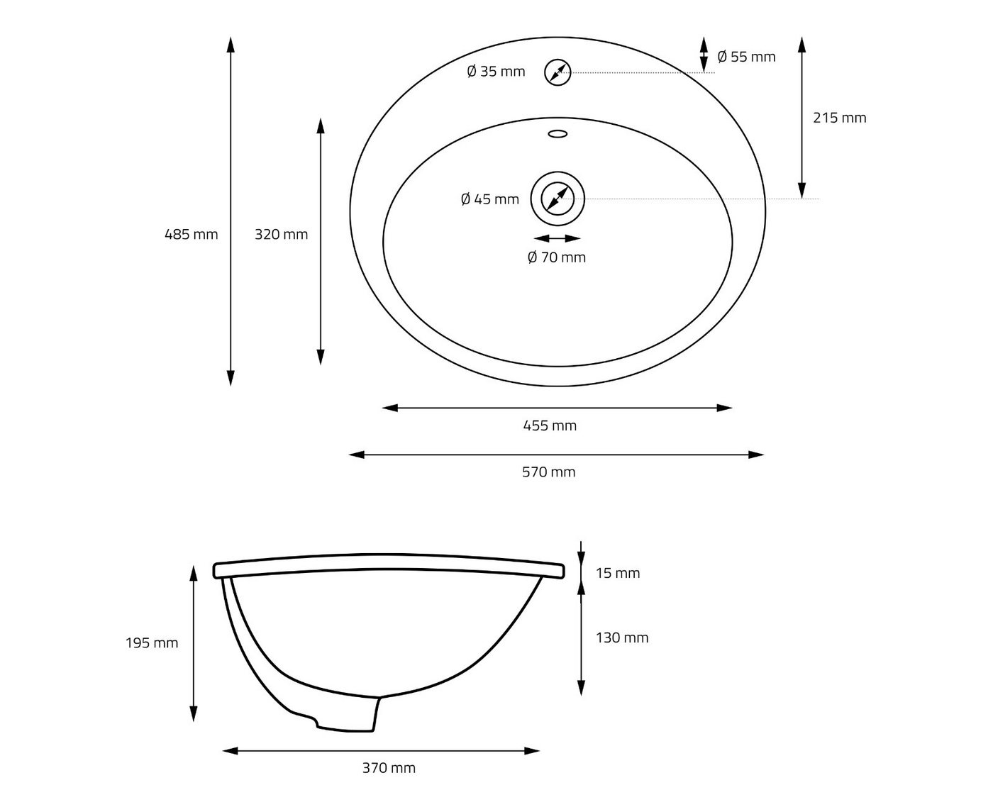 Thumbnail - HAGO Aufsatzwaschbecken Keramik Waschbecken oval 570x485x195 mm weiß mit Überlauf Einbauwaschb