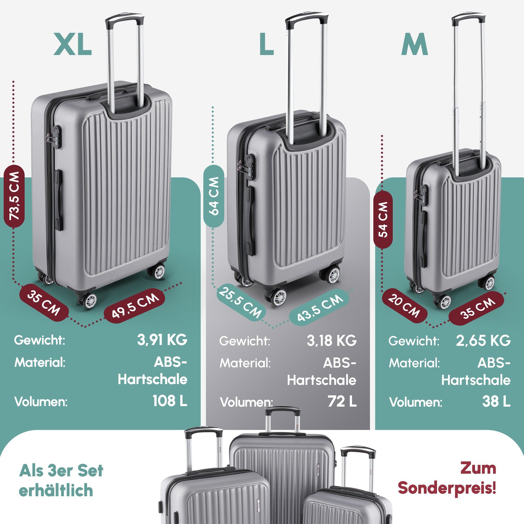 Hartschalen-Koffer, Silver Doppelrollen, Hartschalen-Trolley Ace Gray Easy Reisekoffer 026, Move ABS 360° 100%