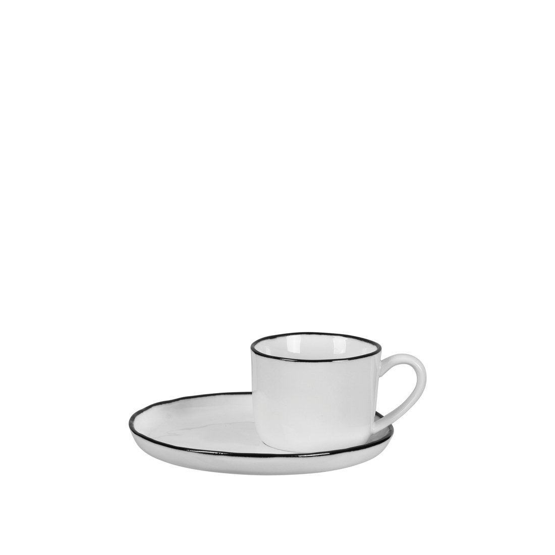 Broste Copenhagen Espressotasse mit Untertasse Salt 100 ml weiß schwarz, Porzellan, handglasiert