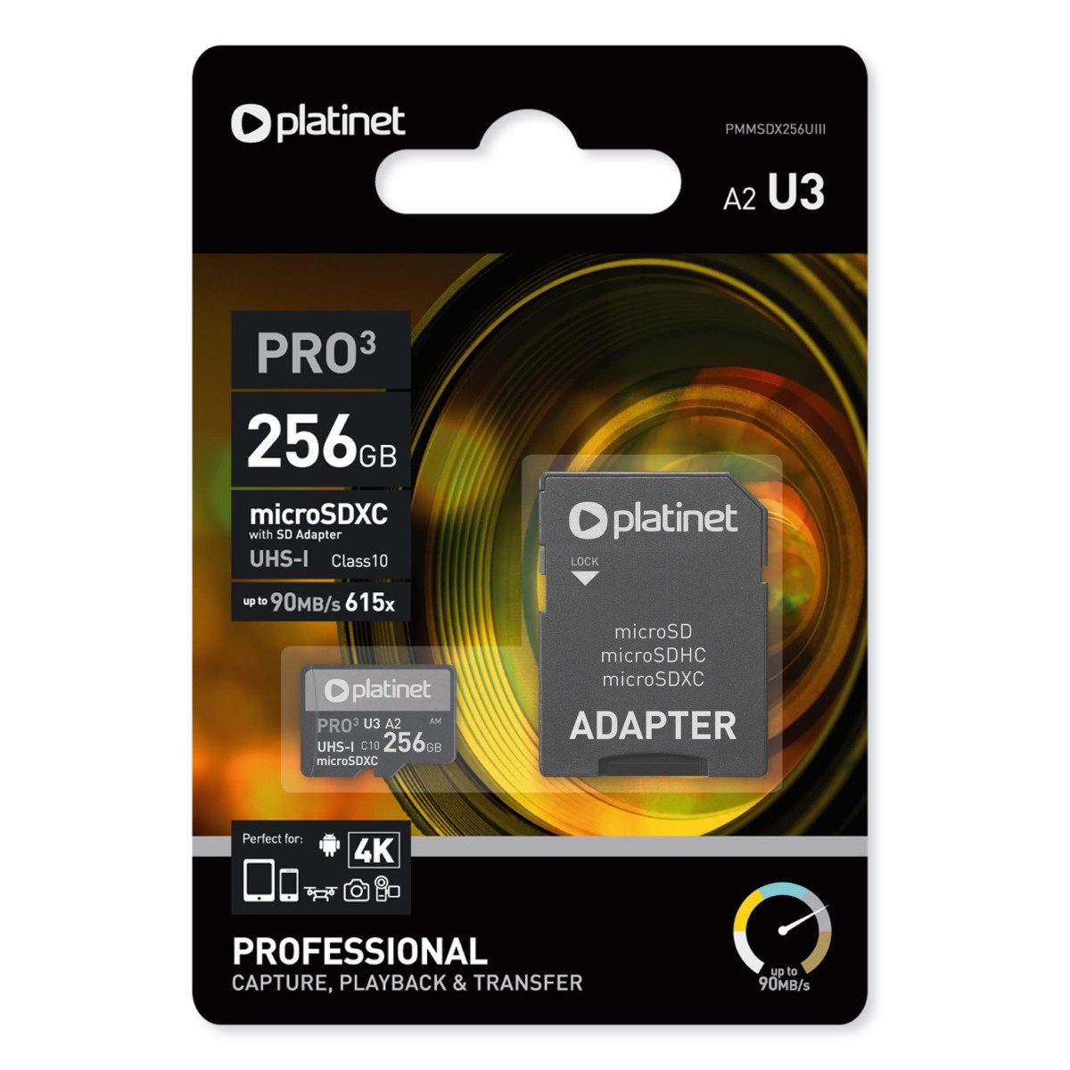 Platinet PMMSDX256UIII Speicherkarte (256 GB, Class 10, UHS Speed Class 3, Application Performance Class A2, A2, U3, Class 10, bis 90 MB/s und SD-Adapter)