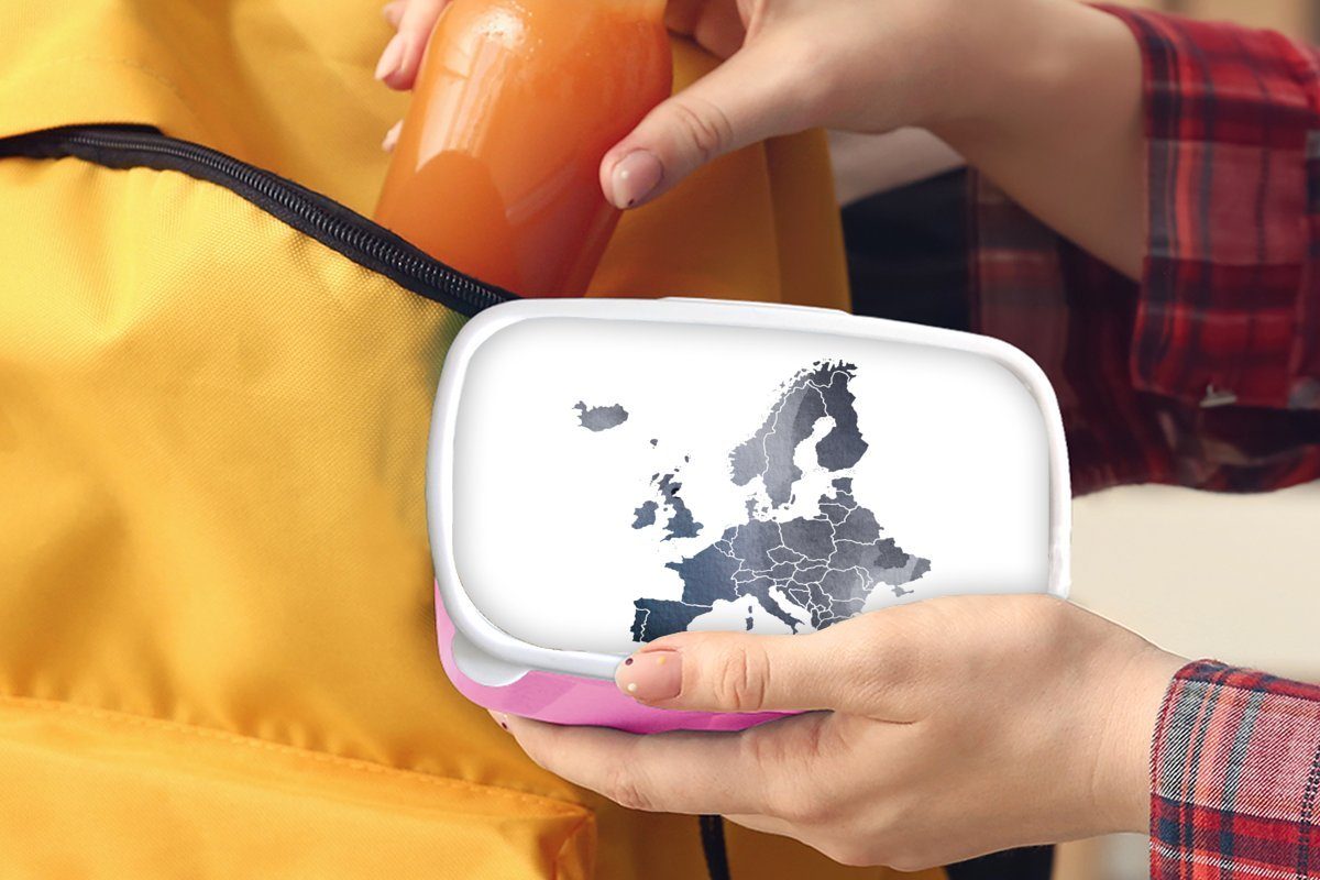 MuchoWow Lunchbox Karte - Europa Snackbox, Brotdose Brotbox Kunststoff für Erwachsene, Kinder, (2-tlg), Aquarell, rosa - Kunststoff, Mädchen