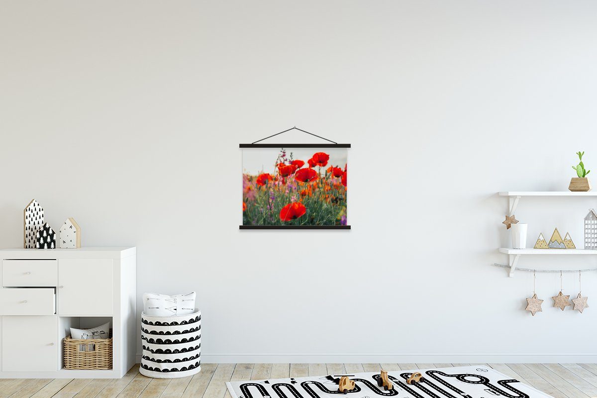 MuchoWow Poster Mohn - Blumen - Rot - Lila - Wiese, (1 St), Magnetische Posterleiste, Eichenholz, Holzleisten, Textilposter schwarz | schwarz