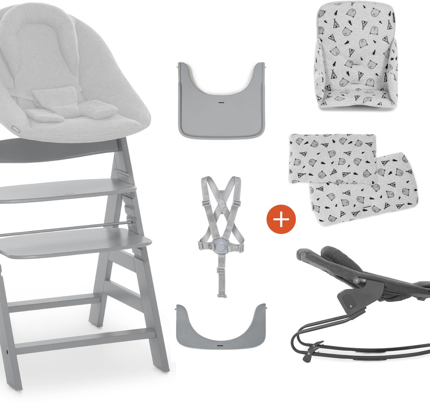 Hauck Hochstuhl Alpha+B All Babywippe, Motiv grey, nordic Set, Sitzverkleinerer, inclusive Hochstuhlauflage inkl. grey, Essbrett