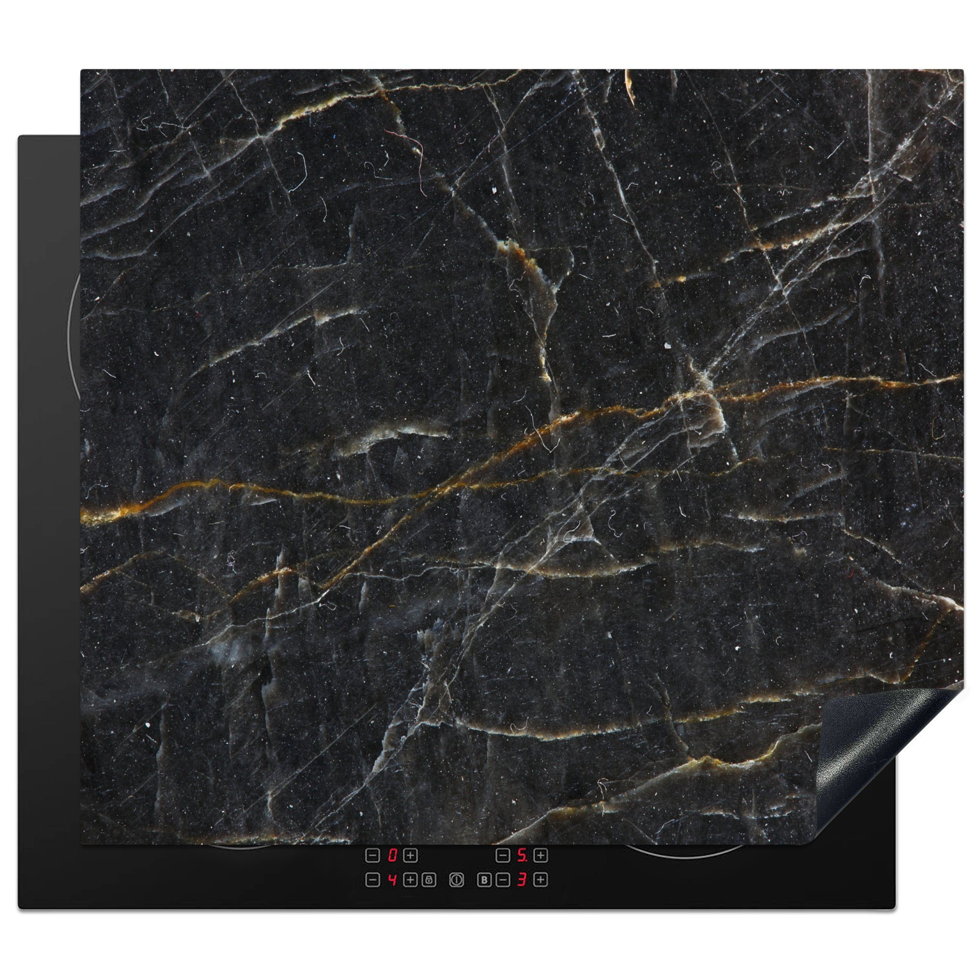MuchoWow Herdblende-/Abdeckplatte Marmor - Schwarz - Gold - Grau - Marmoroptik, Vinyl, (1 tlg), 60x52 cm, Mobile Arbeitsfläche nutzbar, Ceranfeldabdeckung