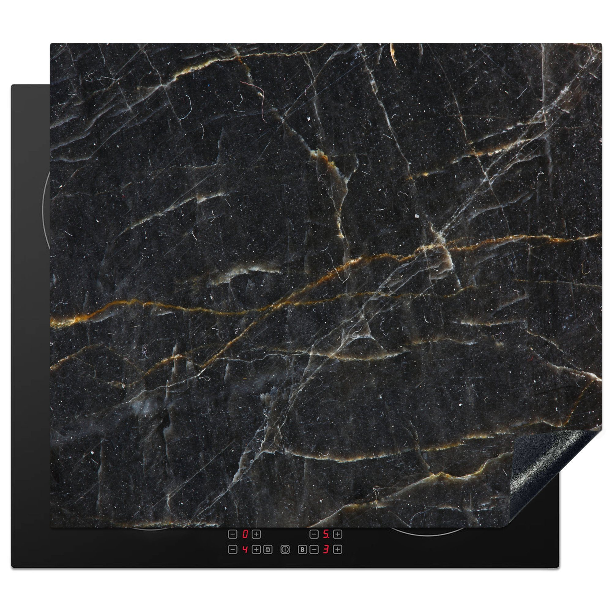 MuchoWow Herd-Abdeckplatte Marmor - Schwarz - Gold - Grau - Marmoroptik/print, Vinyl, (1 tlg), Küche Herdabdeckplatte Ceranfeld Vinyl Einteilig, 59x52 cm