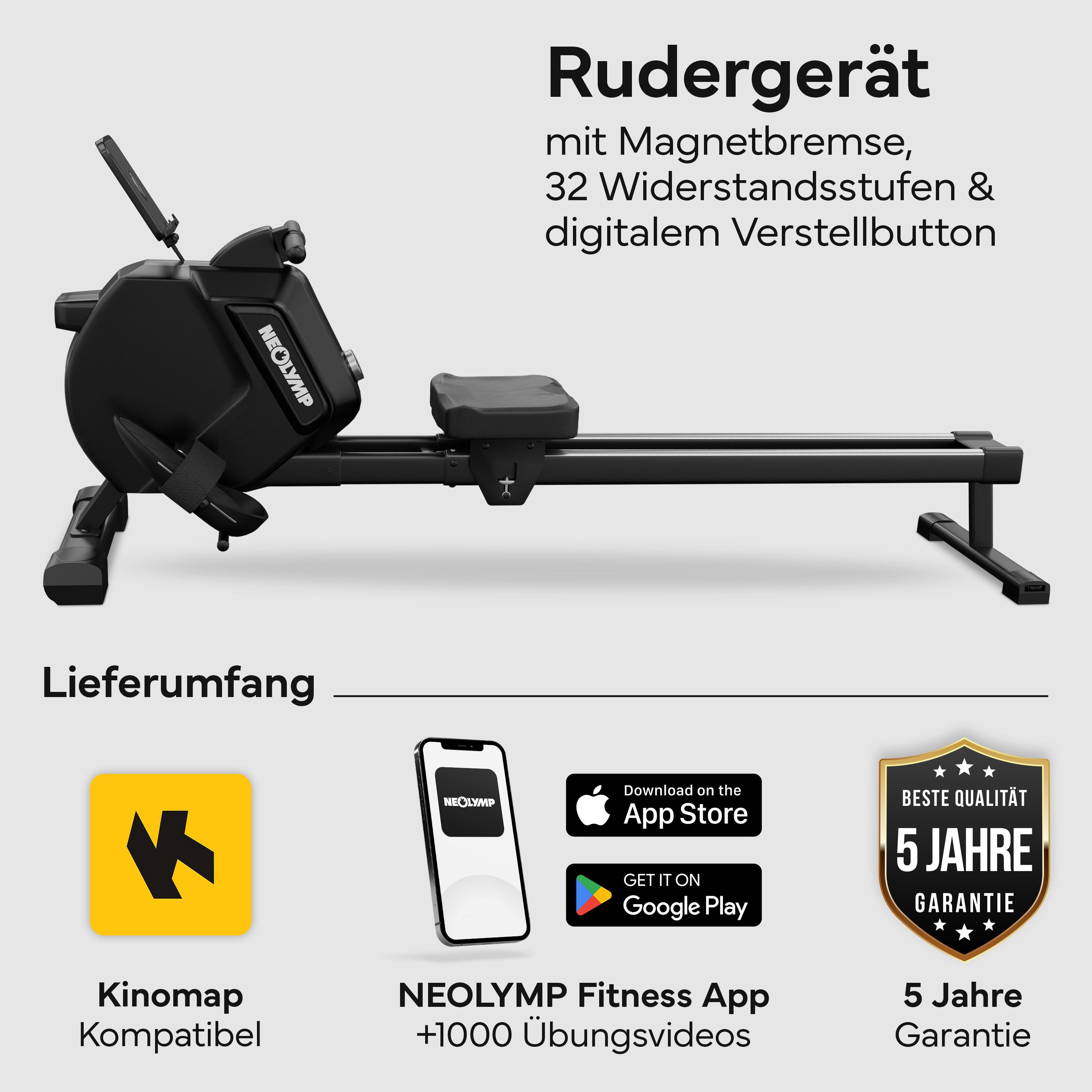NEOLYMP Rudermaschine Rudergerät für Zuhause - 32 Widerstandsstufen mit Verstellbutton, Ruderergometer Rowing Machine - leise Magnetbremse, 150 kg belastbar