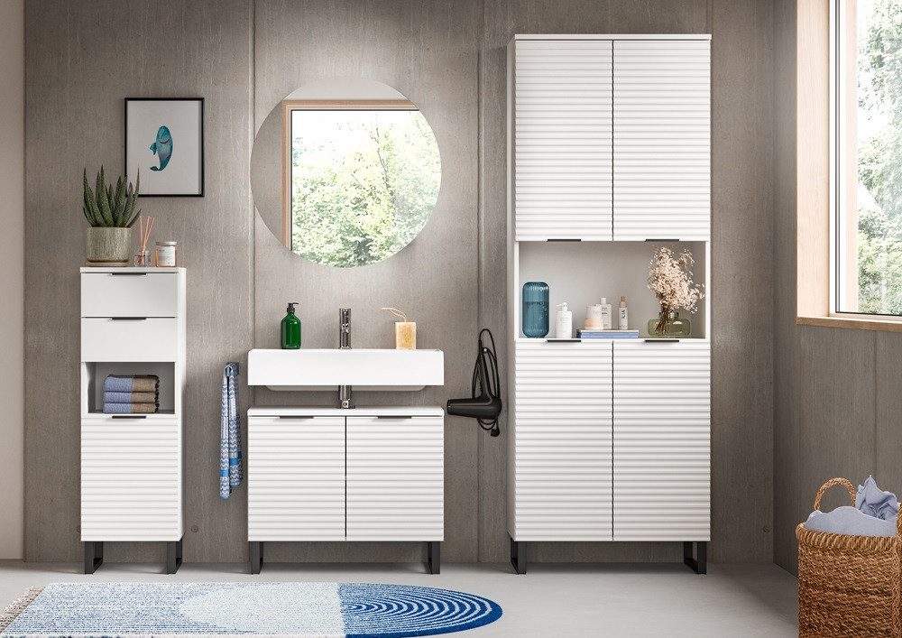 xonox.home Hochschrank Badezimmerschrank Hochschrank Riff, weiß (1-St) Badmöbel modern