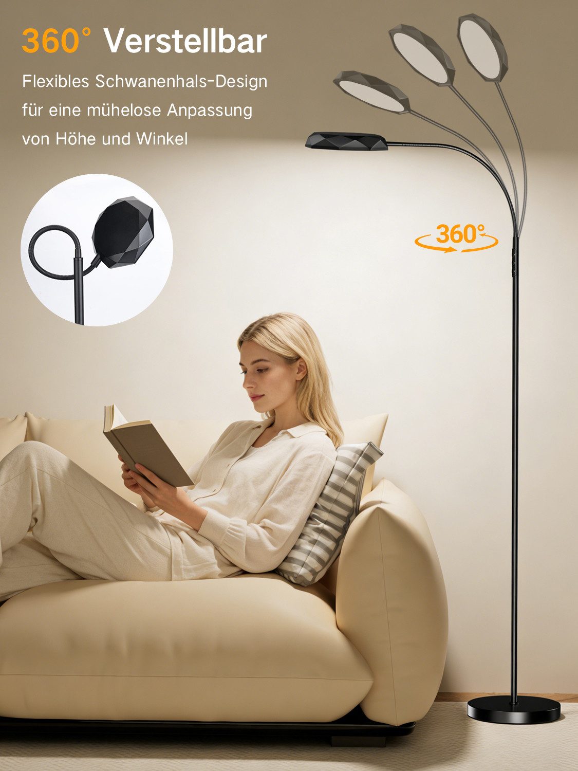 Lujasi LED Stehlampe 18W 2000LM Dimmbar Sofa Leselampe mit 4 Farbtemperatur, Fernbedienung, lineare Leuchtdichte, Stehlampe Wohnzimmer, deckenfluter, Kaltweiß/n – Bild 4 von 5