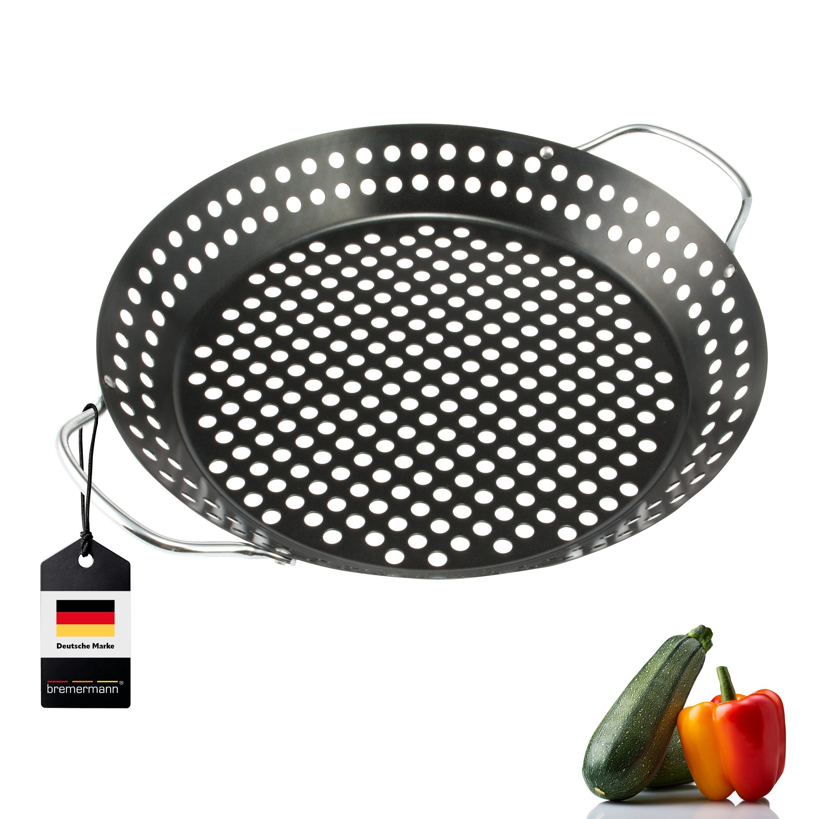 bremermann Grillplatte Grillpfanne, Grillplatte antihaftbeschichtet, 37,5 x 30,5 cm (1-St), Grillfläche ca. Ø 24 cm, perforierter Boden
