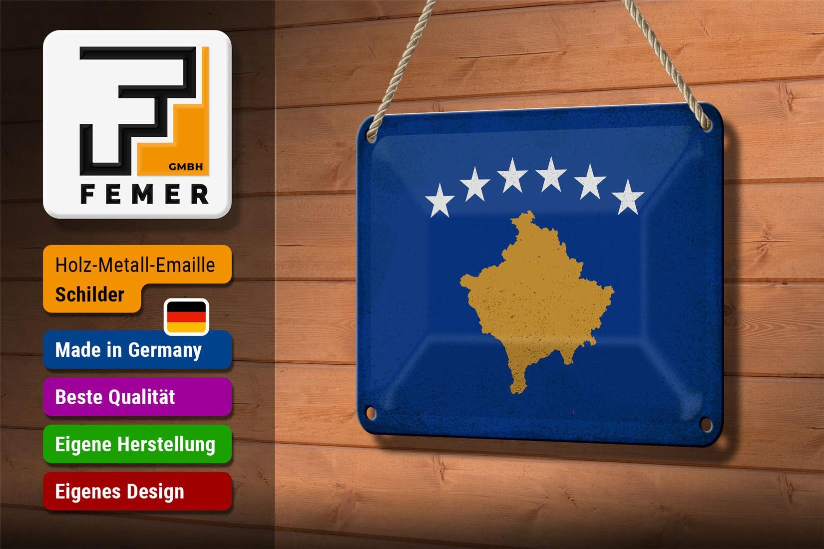 Femer GmbH Metallschild Flagge Kosovo 18x12cm Flag of Kosovo Vintage, (1 St), gewölbte Oberfläche, abgerundete Ecken, umgeschlagene Kanten