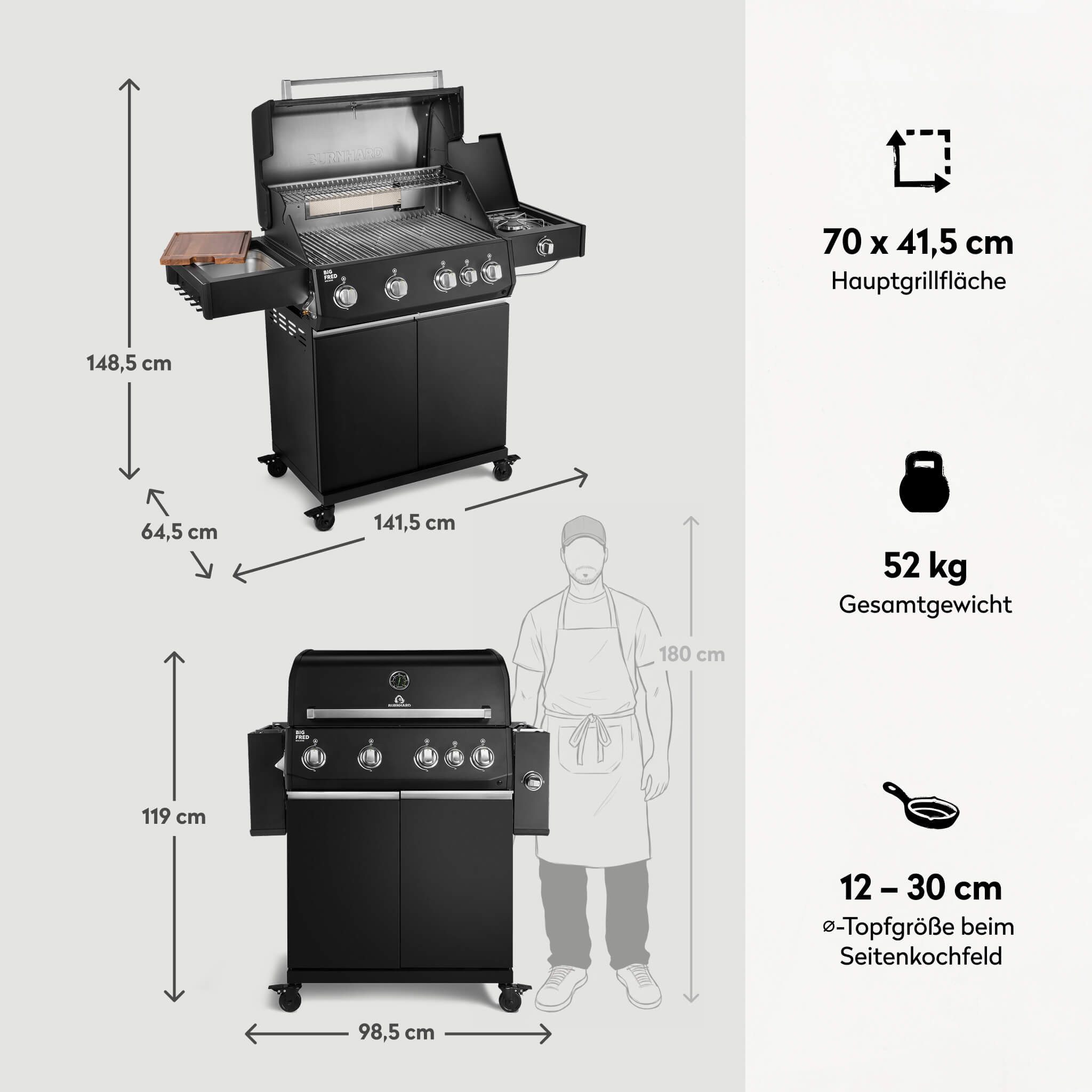 BURNHARD® Gasgrill 4-Brenner, 21,2 kW Gesamtleistung, Infrarot-Keramikbrenner, Seitenkochfeld, Edelstahl-Stabbrenner, Edelstahlrost, große Grillfläche, Piezo-Zündung – Big FRED Deluxe