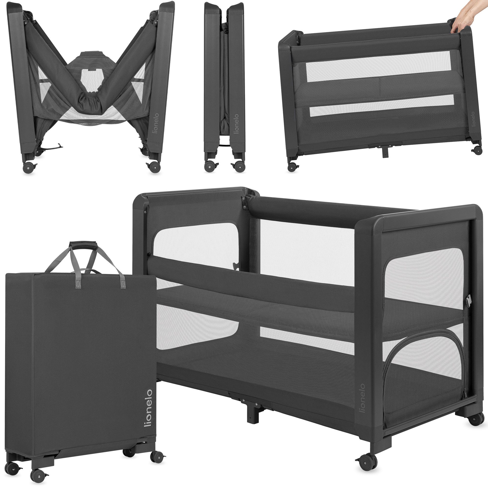 lionelo Reisebett PATTY (Set, 5-in-1-Bettchen mit Matratze und Transporttasche) 5-in-1/Schnellklappmechanismus/Seiteneinstieg/Bremsrollen