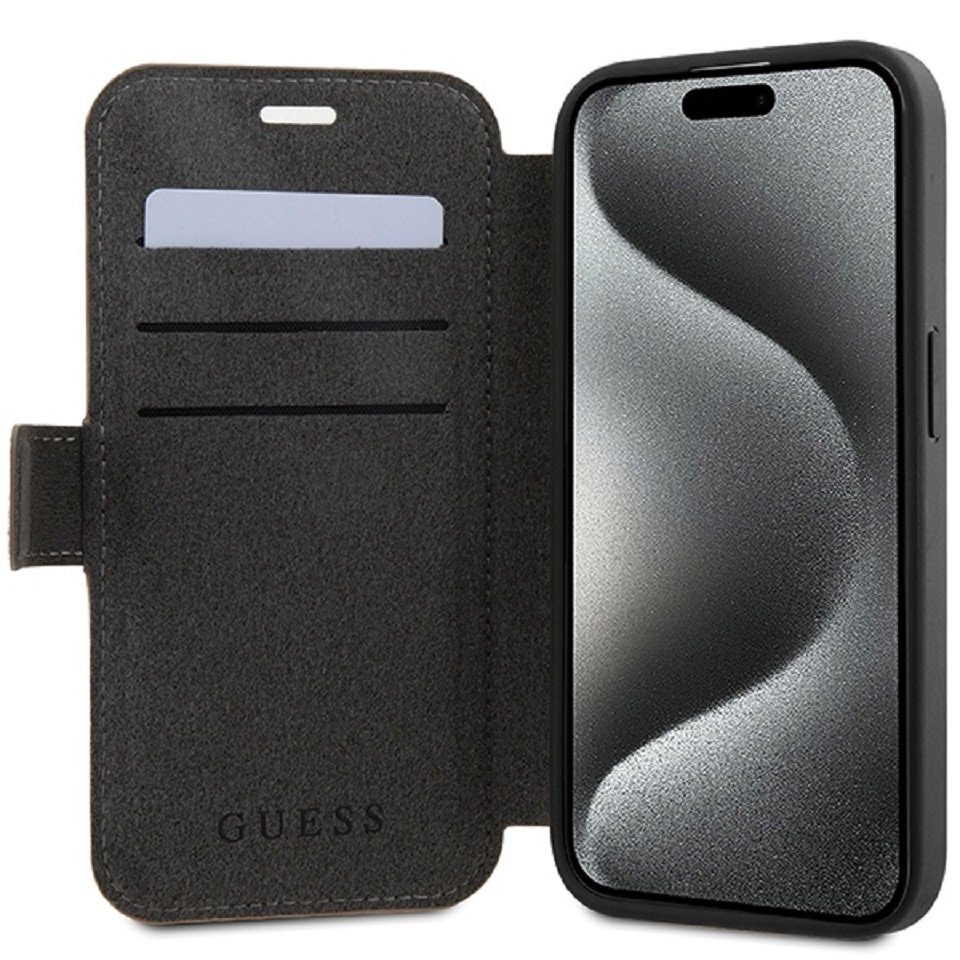 Guess Handyhülle Bookcase Cover iPhone 15 Pro braun Logo goldfarben aufstellbar 6,1 Zoll, Kartenfach – Bild 5 von 5
