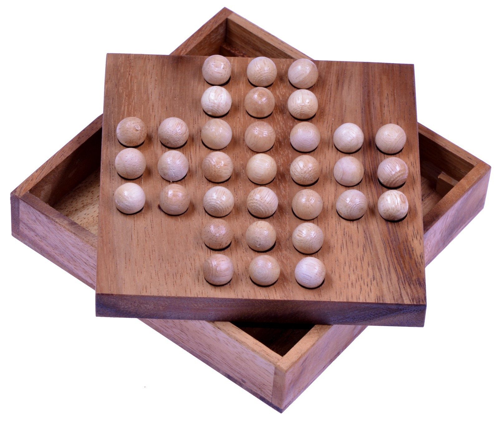 LOGOPLAY Spiel Solitär mit hellen Holzkugeln, Gesellschaftsspiel, Solitär mit Kugeln Denkspiel aus Holz Knobelklassiker Solitaire für 1