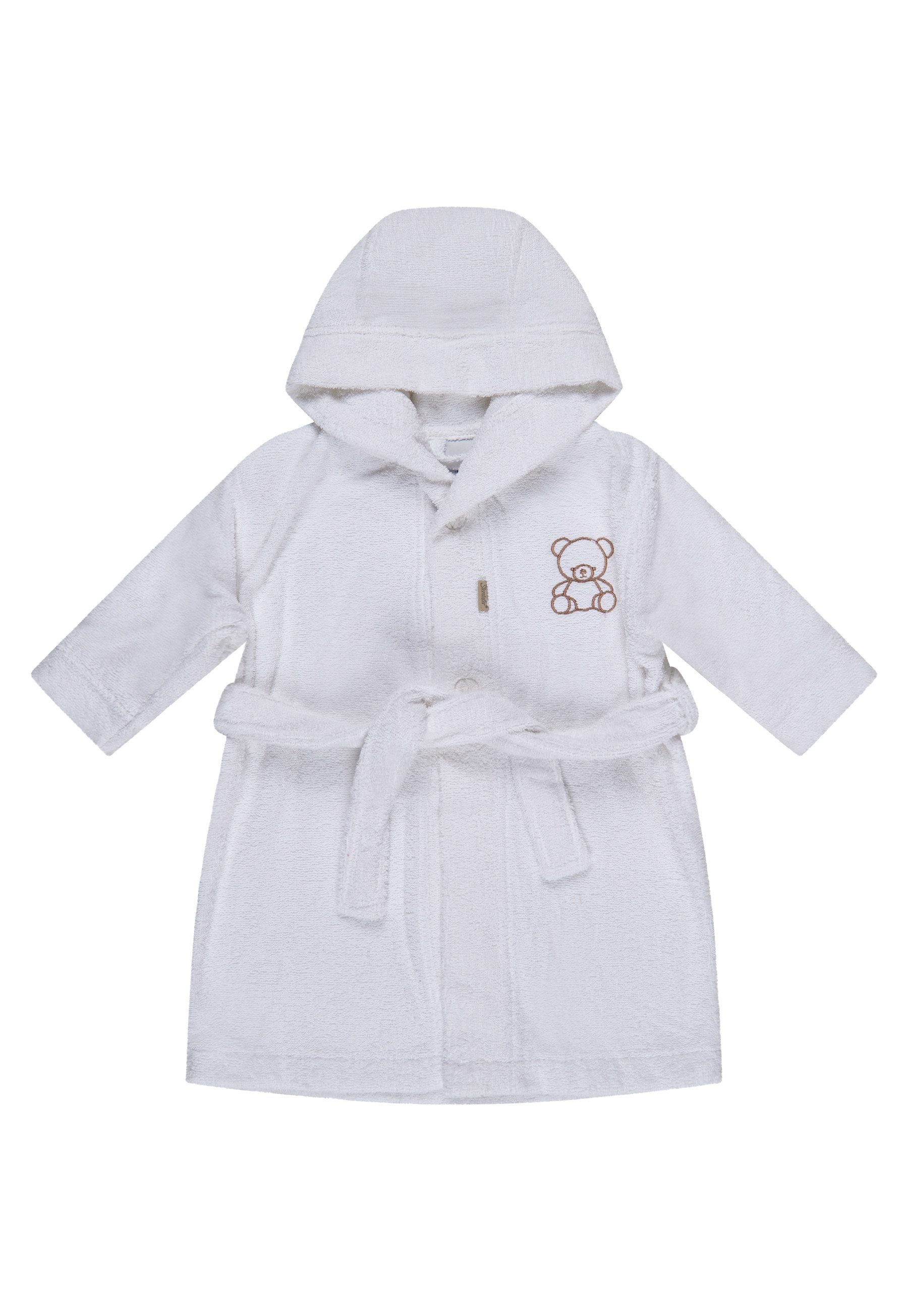 Sterntaler® Babybademantel Bademantel BÄR Bo, lange Arme, Oberstoff: 100 % Baumwolle, aus saugfähiger Baumwolle, kuschelweiche Frotteequalität, mit Kapuze und Gürtel, edle Holzknöpfe, Knöpfe, Bademantel aus weichem Frottee, Kapuze, Knöpfe, Gürtel