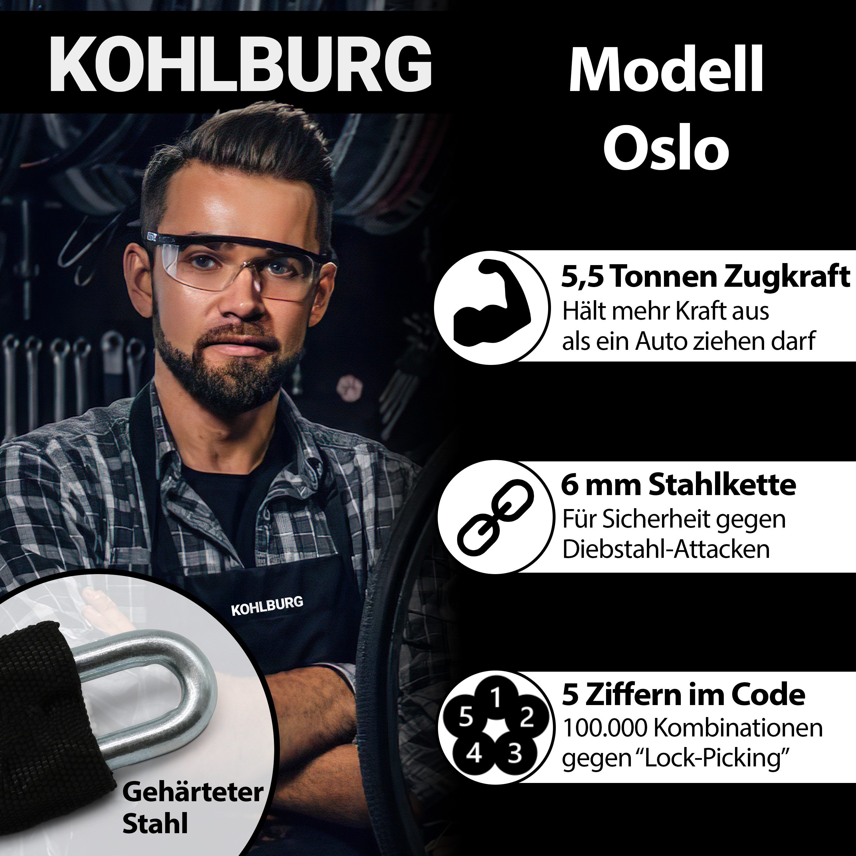 KOHLBURG Zahlenkettenschloss [115cm lang & 6mm stark] mit Zahlencode, sicheres Fahrradschloss [5-stellige Kombination] für Fahrrad & E-Bike