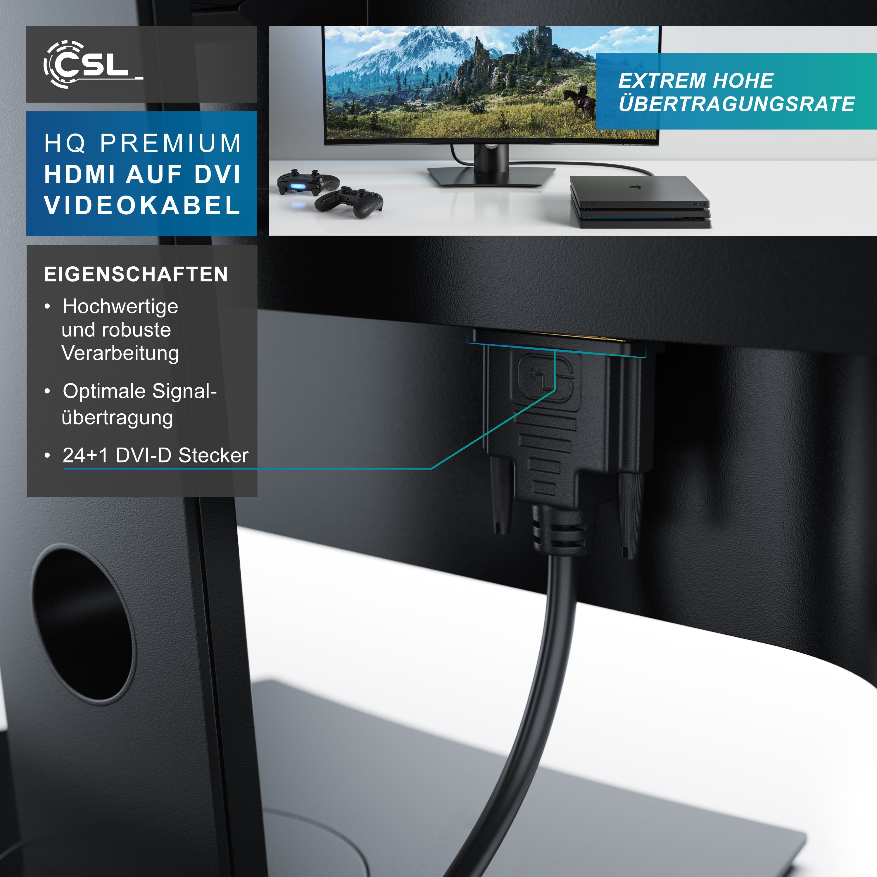 CSL Full HD Dual Link HDTV Adapter / Konverter Kabel - 3m Video-Kabel, DVI-D (DL), HDMI Typ A, (300 cm), DVI-D, für Monitor, Beamer, Grafikkarte, flimmerfreie B – Bild 4 von 5