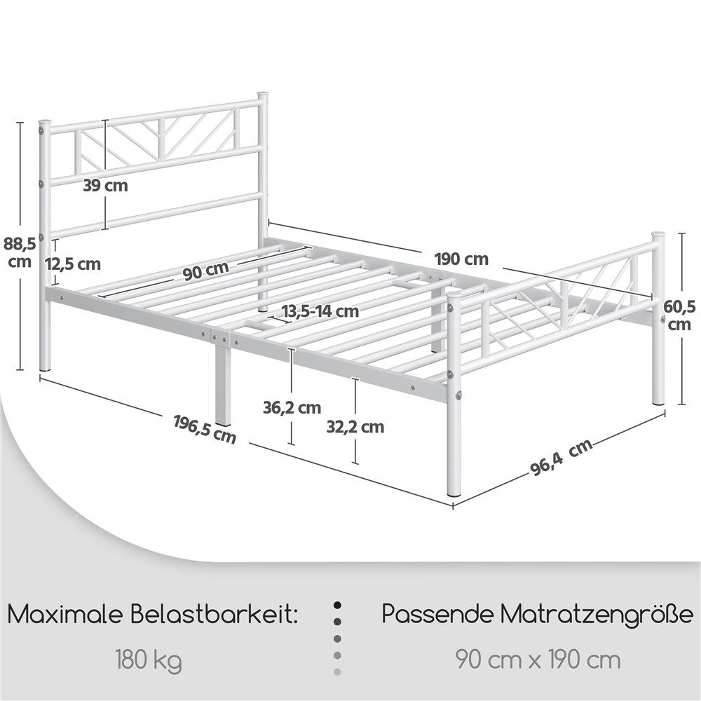 Yaheetech Metallbett Bettgestell 90x190/90x200/140x200cm, Minimalistischer Bettrahmen mit Kopfteil Gästebett mit Lattenrost
