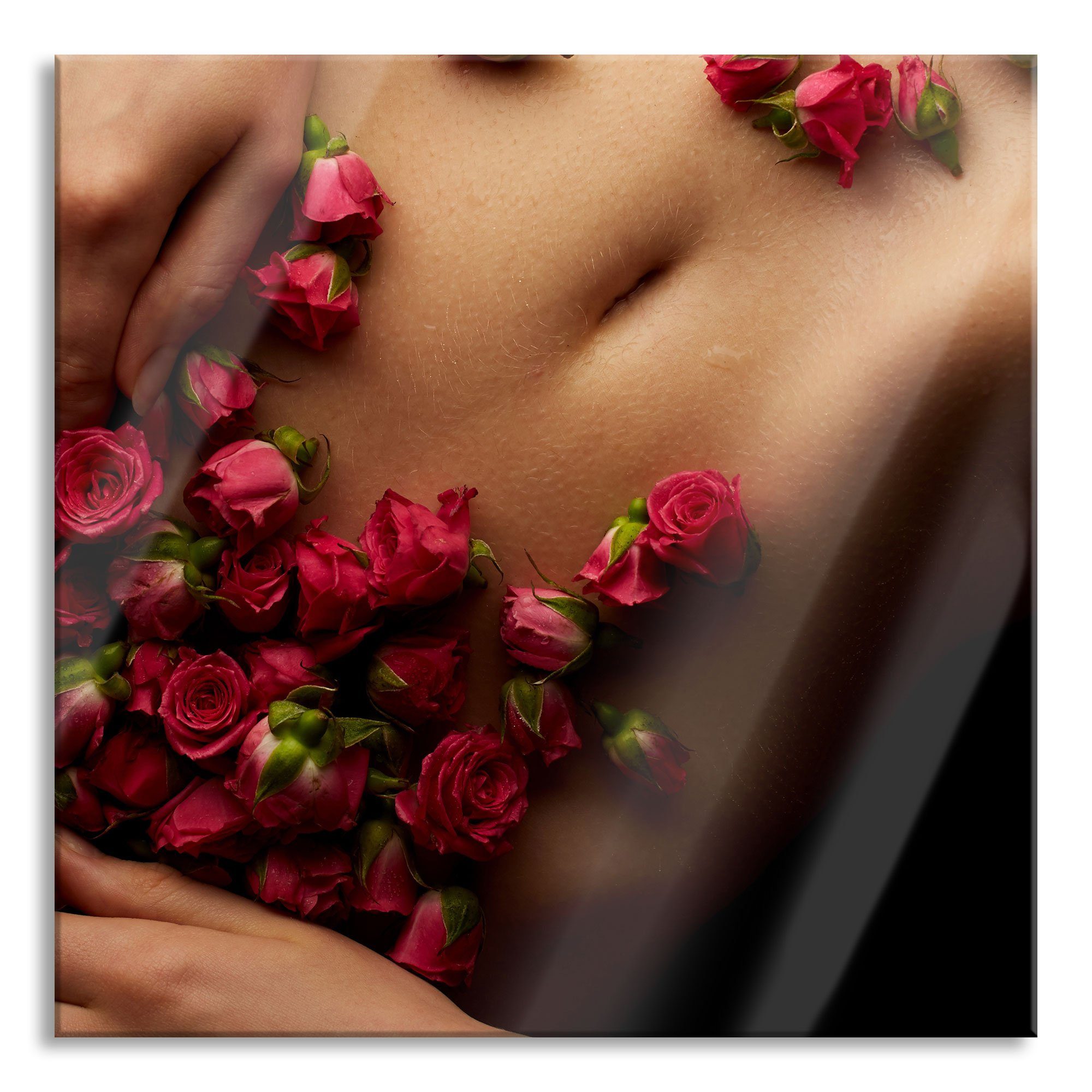 weiblicher St), inkl. Rosen Aufhängungen Abstandshalter Echtglas, Blumen, mit und Glasbild Blumen Pixxprint Körper (1 mit aus Rosen Glasbild Körper weiblicher