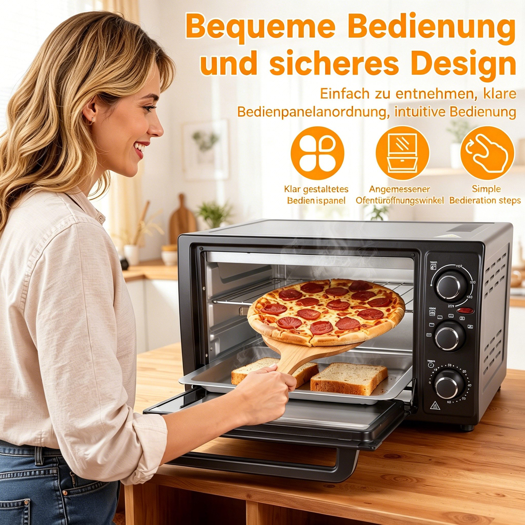Rutaqian Minibackofen Minibackofen 32 Liter, 1500W Mini Backofen Heißluft Umluft, 60 Min Timer Alarm, 0-230°C Einstellbar, Rotisserie-Set Inklusive