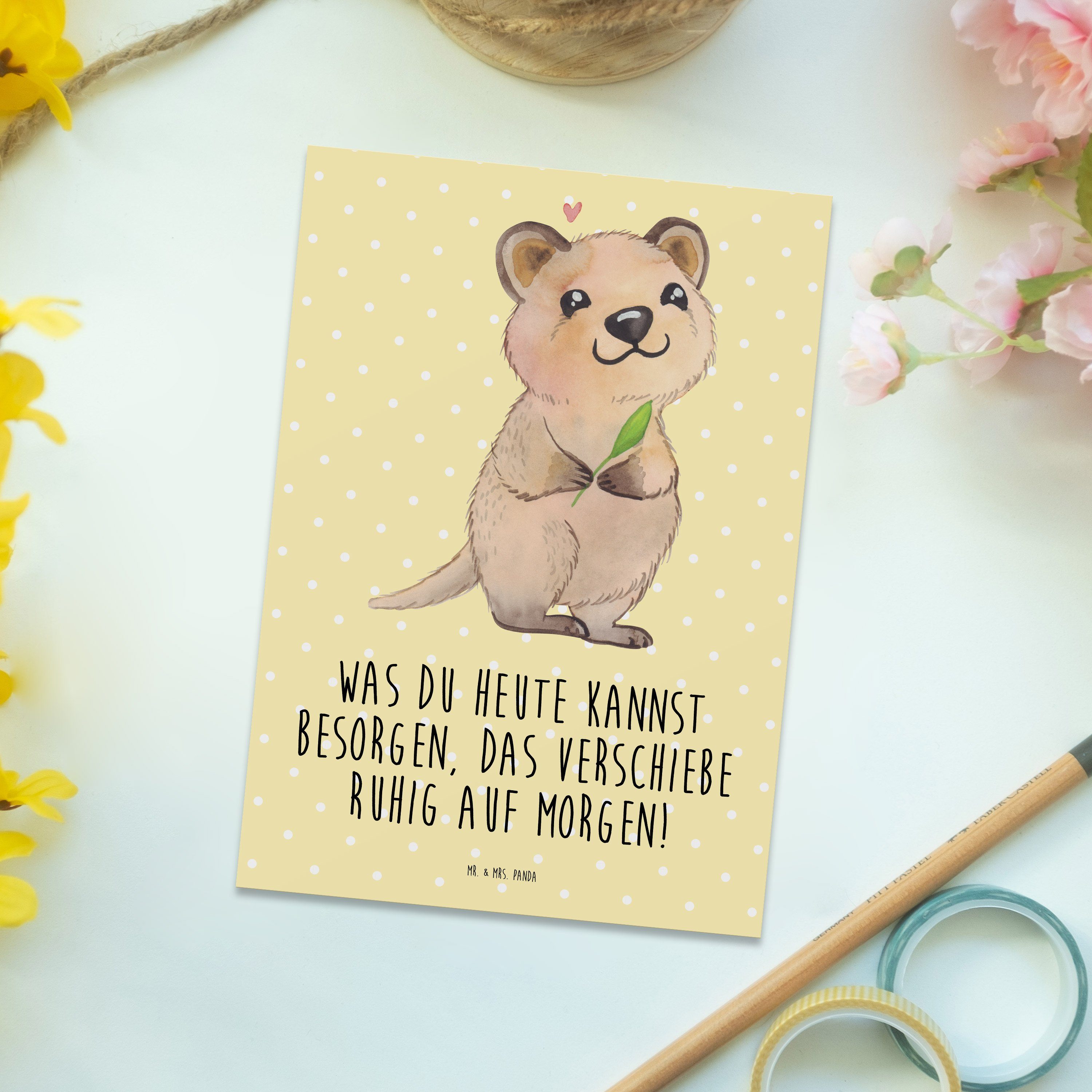 Mrs. Gelb Happy Laune Quokka & Geschenk, Mr. - - Postkarte Panda Geburtstagskarte, Pastell Gute
