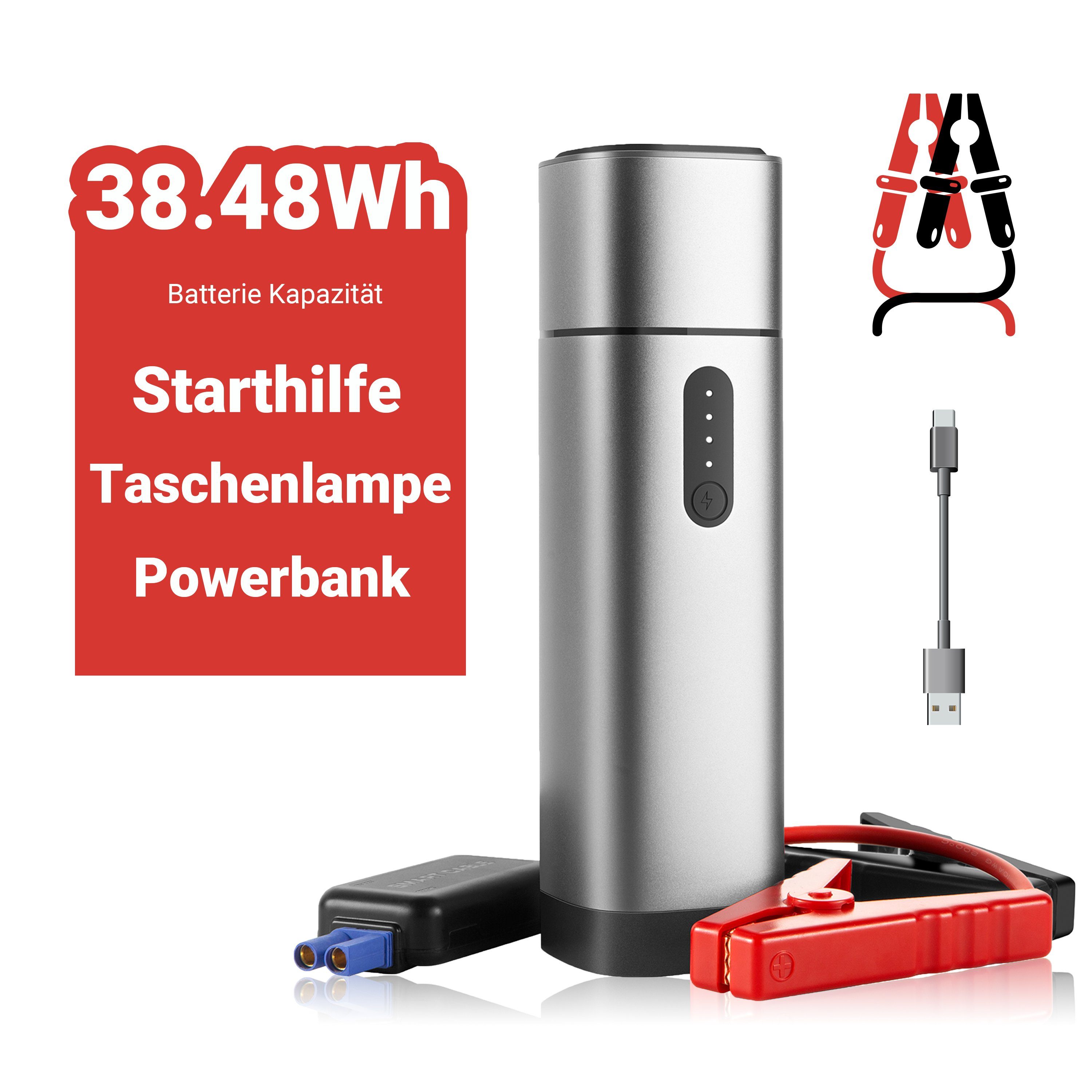 TIMIGO K1 Starthilfe Powerbank, 12V-500A (38,4Wh) Starthilfegerät TIMIGO K1 10400 mAh (12 V V, 1 St), Kombigerät mit Starthilfe, Taschenlampe und Powerbank