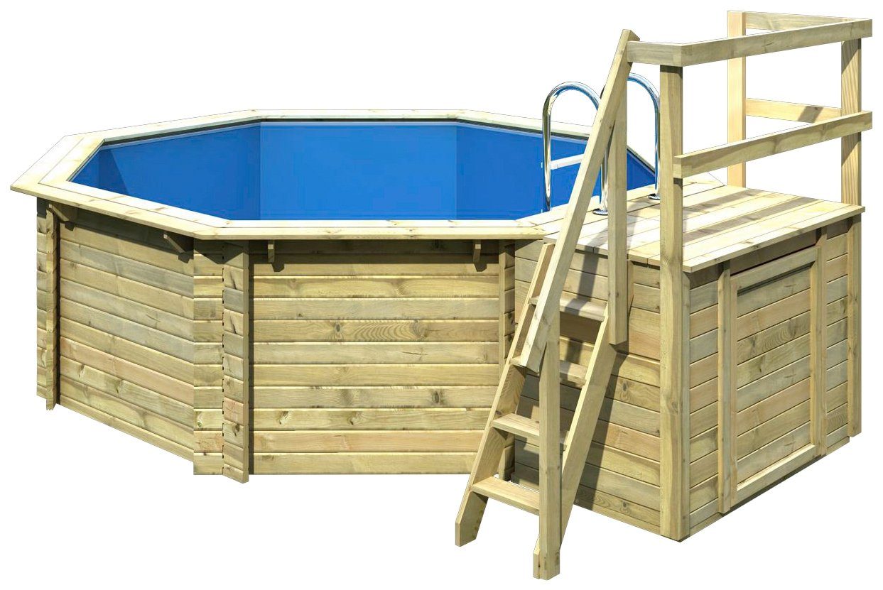 Karibu Achteckpool PORTO Set B ØxH: 358x124 cm inkl. Zubehör (Komplett-Set, 10-tlg), mit Technikraum unter dem Sonnendeck