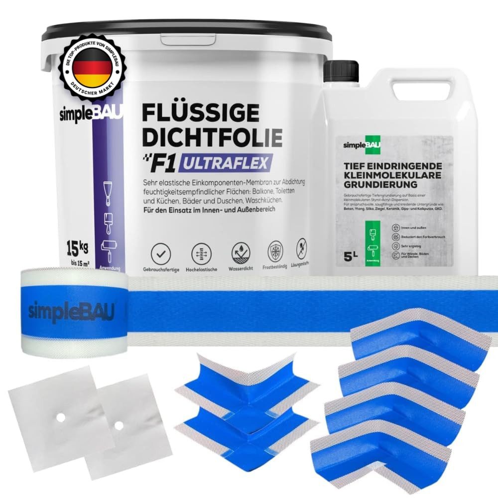 simpleBAU Dichtstoff Flüssigfolie Dichtfolie F1 Ultraflex 15 kg + Tiefengrund 5L, (6-tlg)