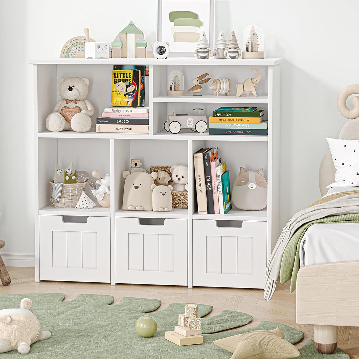 GarveeMore Kinderregal mit 6 Fächern und 3 rollbaren Schubladen,100x33x89cm, Bücherregal Kinder,Spielzeug Aufbewahrungsorganizer für Kinderzimmer
