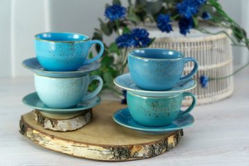 CreaTable Cappuccinotasse Kaffeetasse NATURE COLLECTION Aqua, Steinzeug, Tassen Set, aktuelle Blautöne mit Sprenkel, 4 Tassen, 4 Untertassen