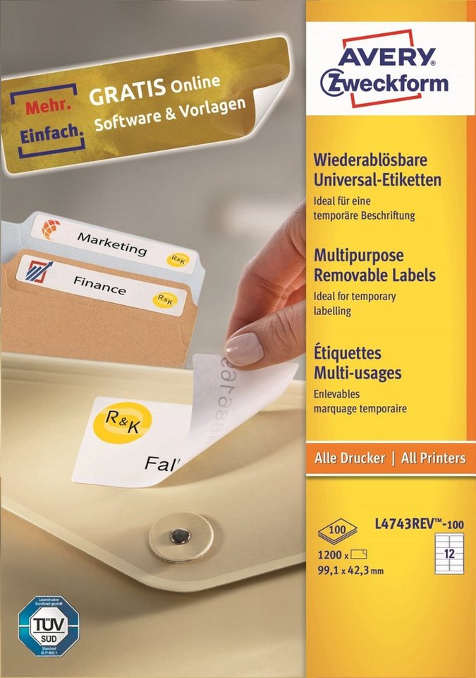 Thumbnail - Avery Zweckform Etiketten Universal-Etiketten 99,1x42,3 mm 100 Blatt/1200 Etiketten weiß.