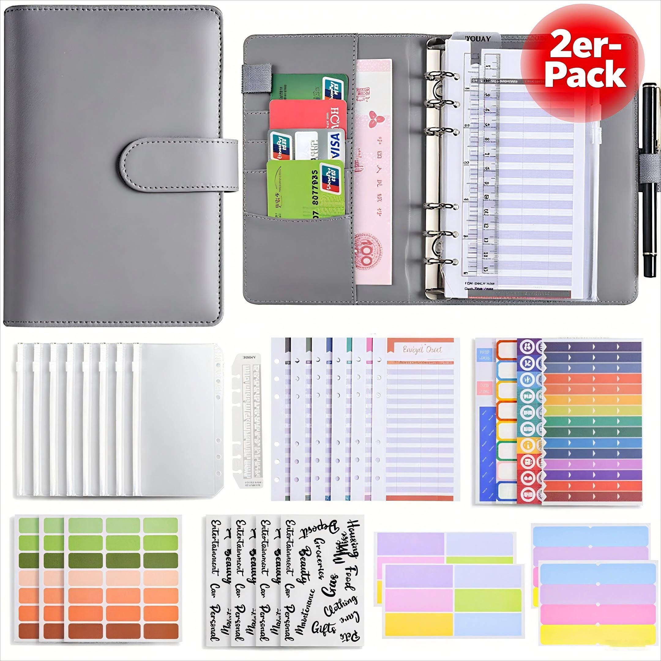 POPOLIC Ringbuchkalender Budget Planner, Binder-Haushaltsbuch A6 Geldumschläge Umschlagmethode, Budgetplaner Geld Organizer Sparbuch mit Folien, für Finanzplaner Sparen Mappe,Cash Stuffing Startset